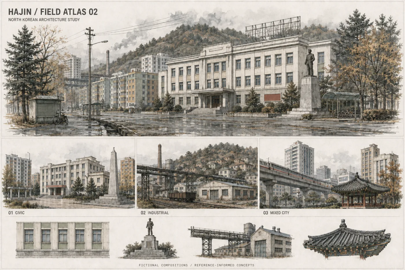 Original Hajin-inspired civic district illustration