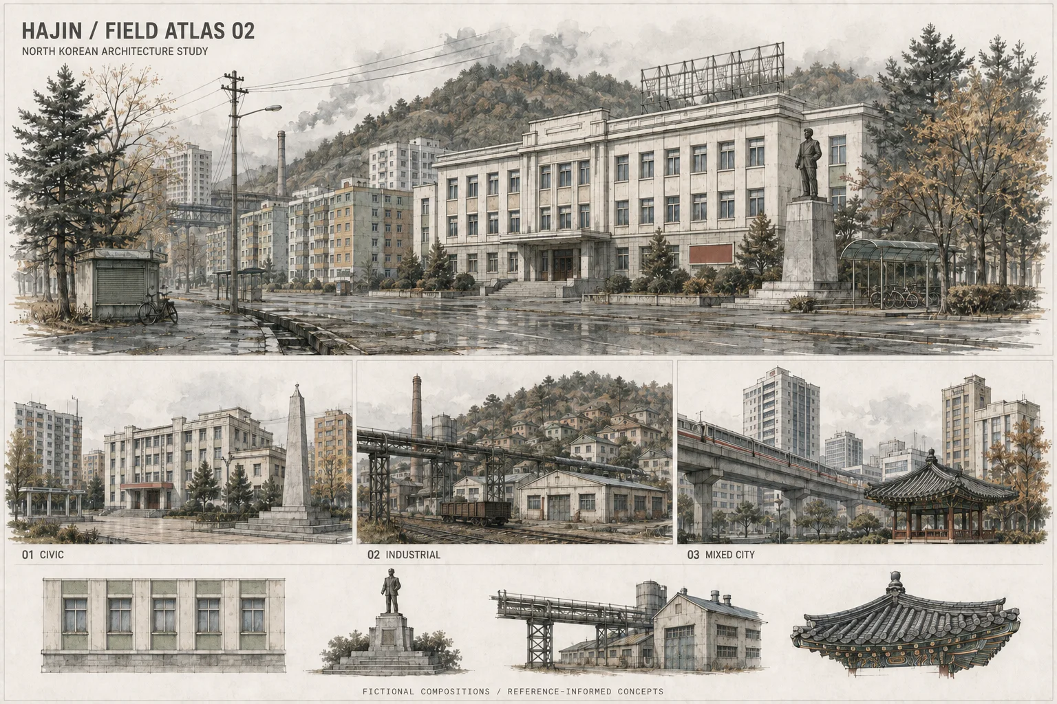 DMZTracker Hajin field atlas 02 — original architecture study board with civic, industrial and mixed-city panels; fictional compositions, not an in-game map